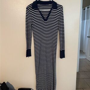 Loft Navy and White Striped Knit Sweater Dress